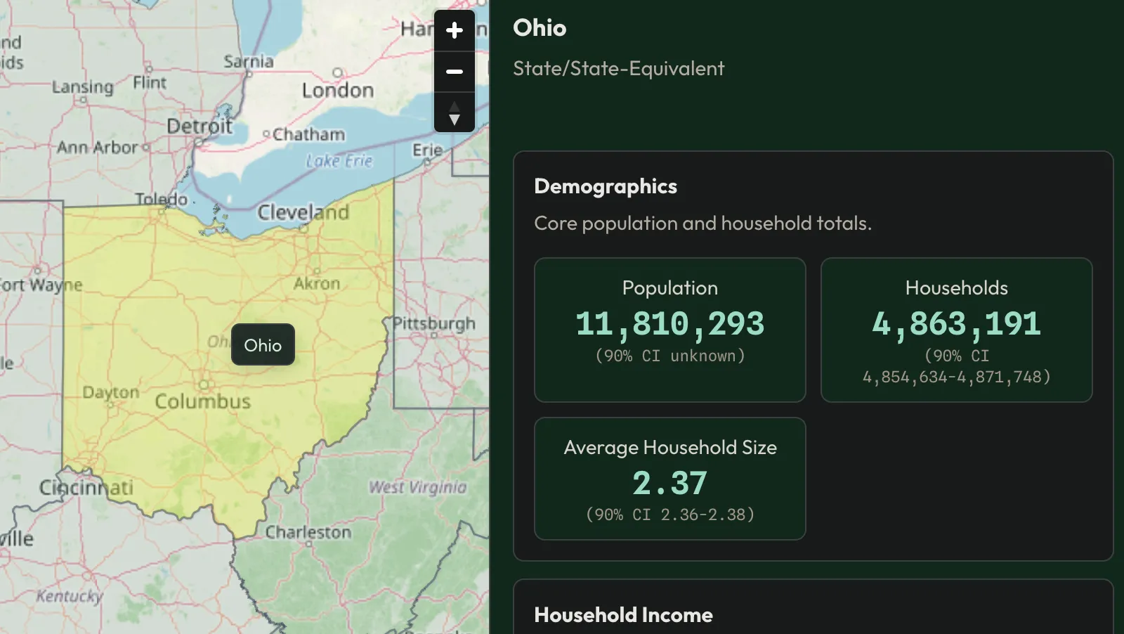 Sample screenshot of Census Visualizer showing Ohio's basic demographics.