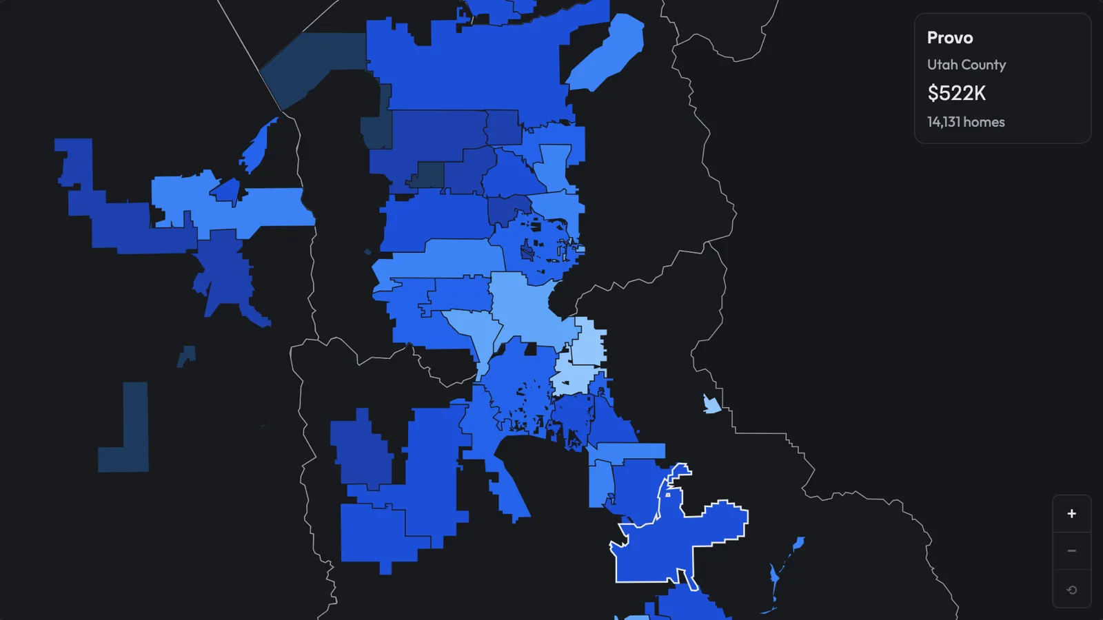 A sample screenshot of Utah Home Values showing a choropleth map of community home values in the Wasatch Front.